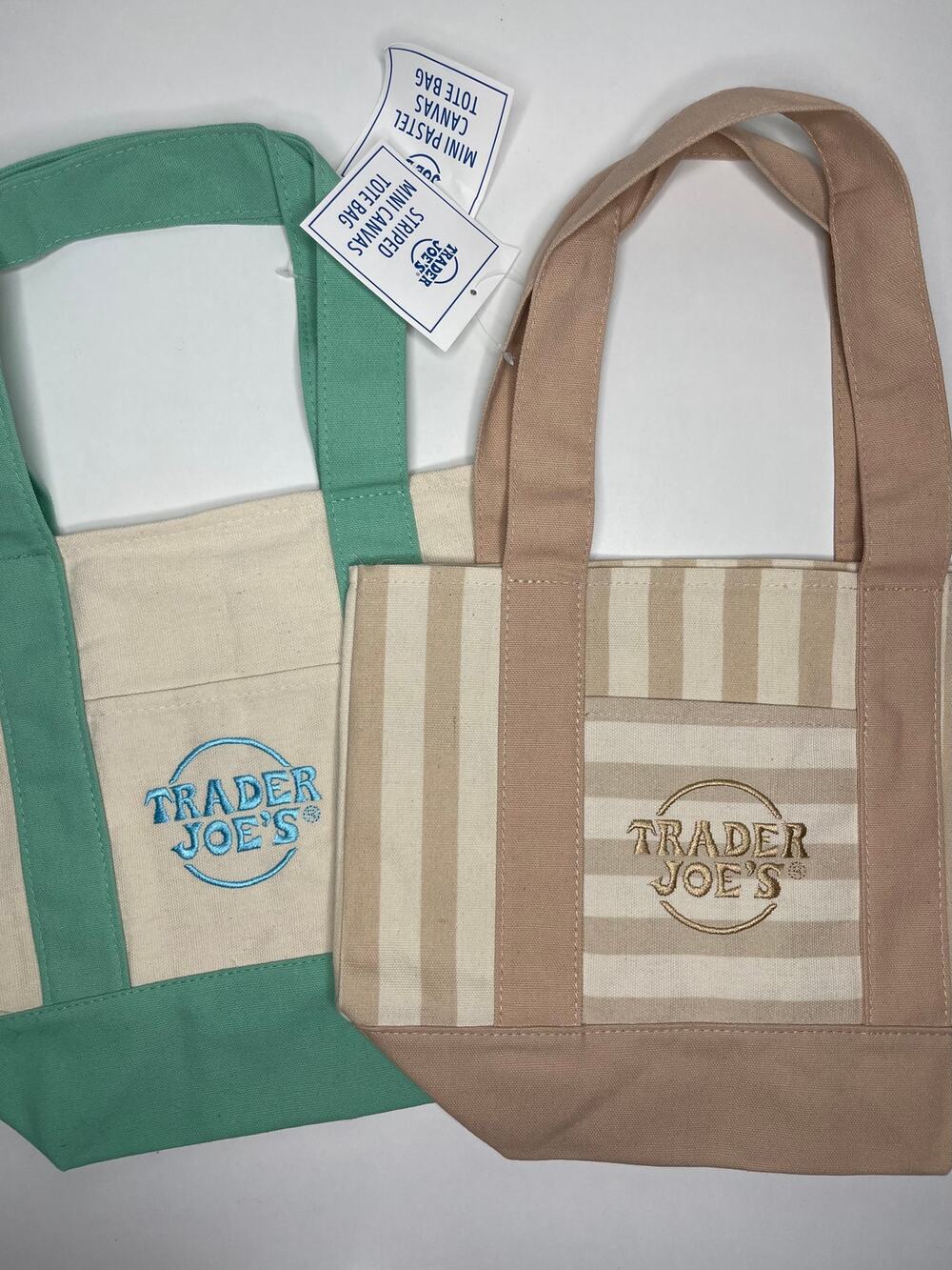 Set of 2! Trader Joe’s Canvas MINI Tote Bag Spring — PASTEL GREEN + KHAKI STRIPE
